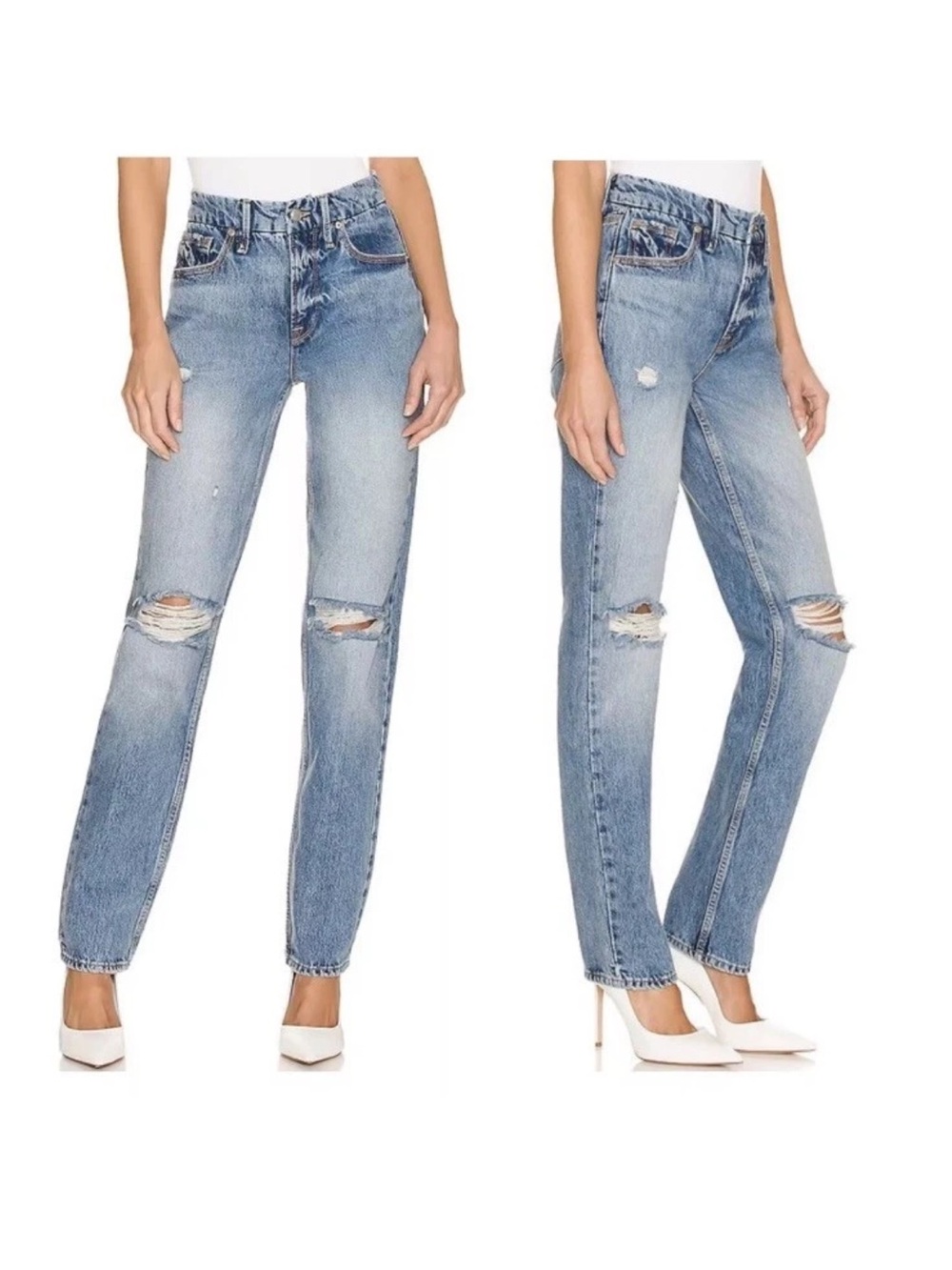 NWT GOOD AMERICAN GOOD BOY DISTRESSED 27 HIGH RISE STRAIGHT JEANS INDIGO WASH
